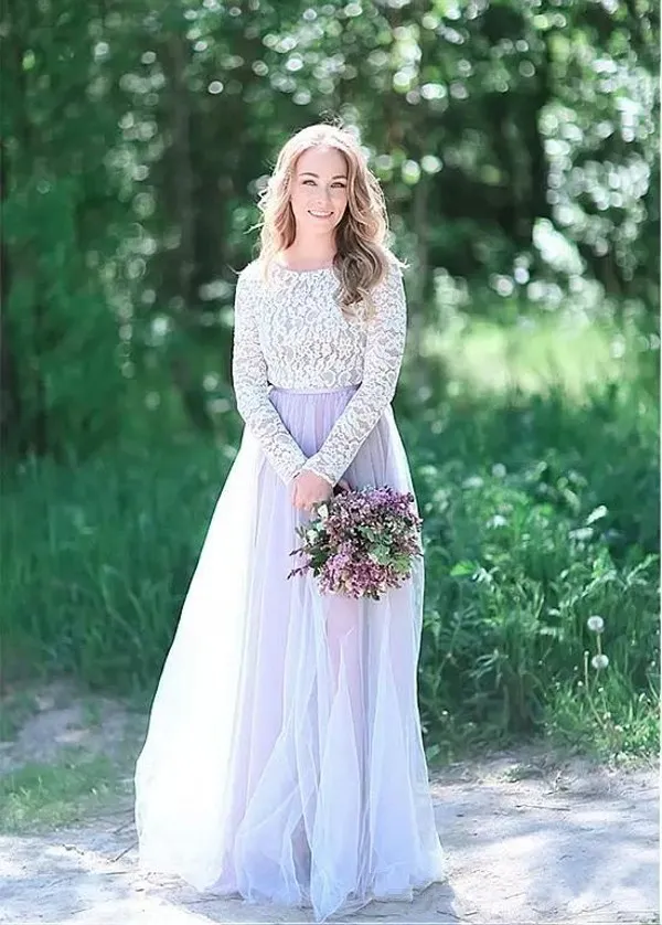 Fall 2018 Country boho wedding bridesmaid dresses Long Lace Bodice Long Sleeve A Line Tulle Skirt and Lilac Weddings boho wedding bridesmaid dresses
