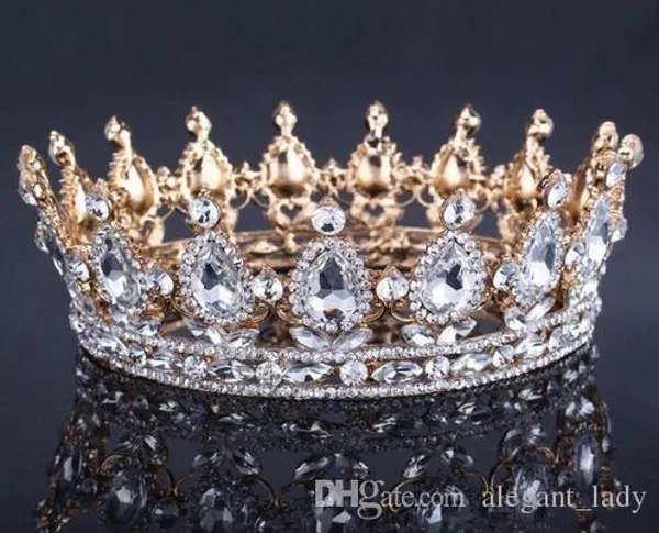 Vintage Gold Headpieces Wedding Crown Alloy Bridal Tiara Barokowa Królowa Korona Złoty Kolor Rhinestone Tiara i Korona Tanie