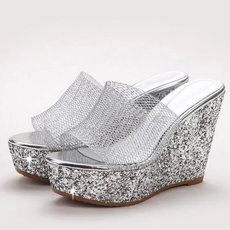 Mest populära Sommar Kvinnor Sandaler Fashion Tofflor 2018 Nya Summer Sequins Mesh Wedges Platform Skor Högklackat Skor Sandaler Kvinnor Tofflor