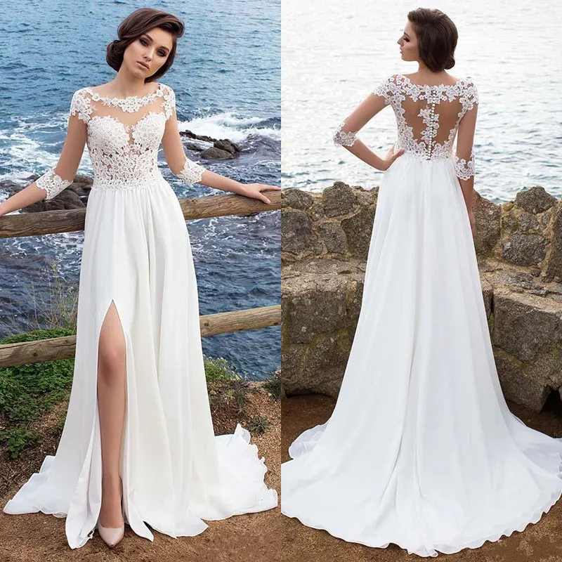 Abiti da sposa bohémien da spiaggia a maniche lunghe a 3/4 2018 Abiti da sposa lunghi con scollo rotondo in chiffon con spacco laterale