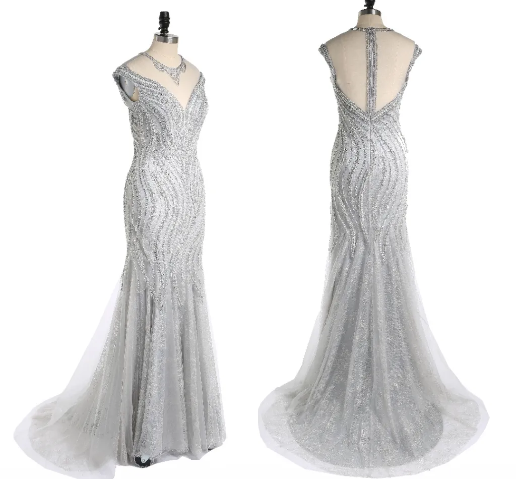 Custom Silver Gray Fishtail Evening Gown - Pure Hand-Beaded Crystal Lace,  Jewel V-Neck, Sleeveless, Sweep Train, Built-In Bra, Zipper Backless Formal  Dress for Prom, Wedding, Holiday from Dhgate Evening Dresses - price