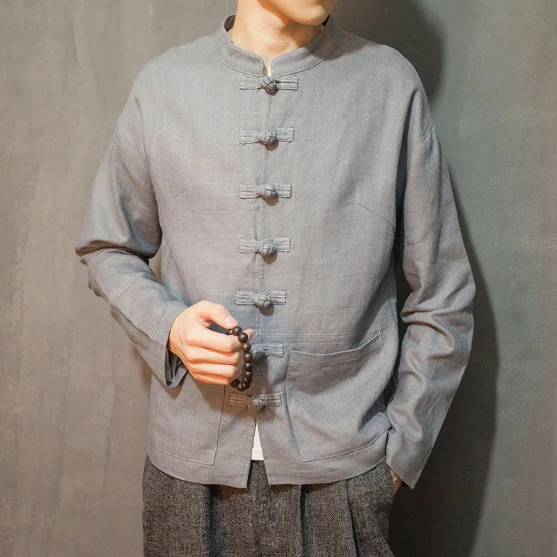 Mens Autumn Linen Jacket Chinese Costume Breathable Gray Blue Red Buttons Tang Suit Chinese Style Casual Comfortable Outer