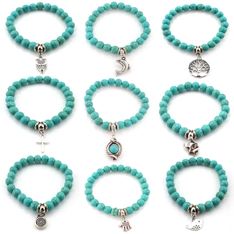 Stone Turquoise Beads strand Bracelets Owl Elephant Tree of Life Cross Palm Charm Buddha Bracelet Bangle Cuffs for Women fashion jewelry