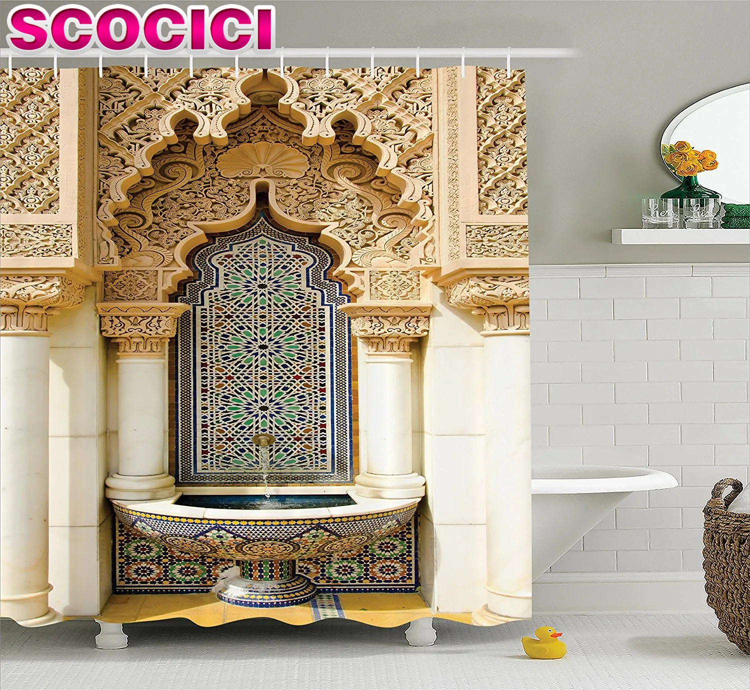 Moroccan Decor Shower Curtain Vintage Building Design Islamic Housing Art Historic Exterior Facade Mosaic Picture Polyester Fabr