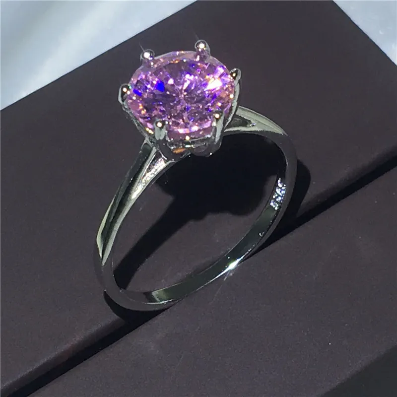 Vecalon Fine Jewelry Bague solitaire en argent sterling 925 5A Rose Zircon Cz Bague de fiançailles pour femme Cadeau de mariée