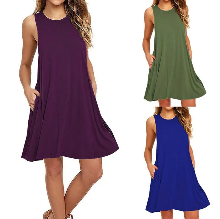 Hot sale women's fashion sleeveless pocket casual tank plus size solid vest swing dress 9 colors S-XXL