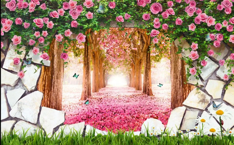 Papier peint 3D Mural décor Photo toile de fond rêveur pétales de fleurs de cerisier violet rose TV fond mur Art Mural pour salon grande peinture