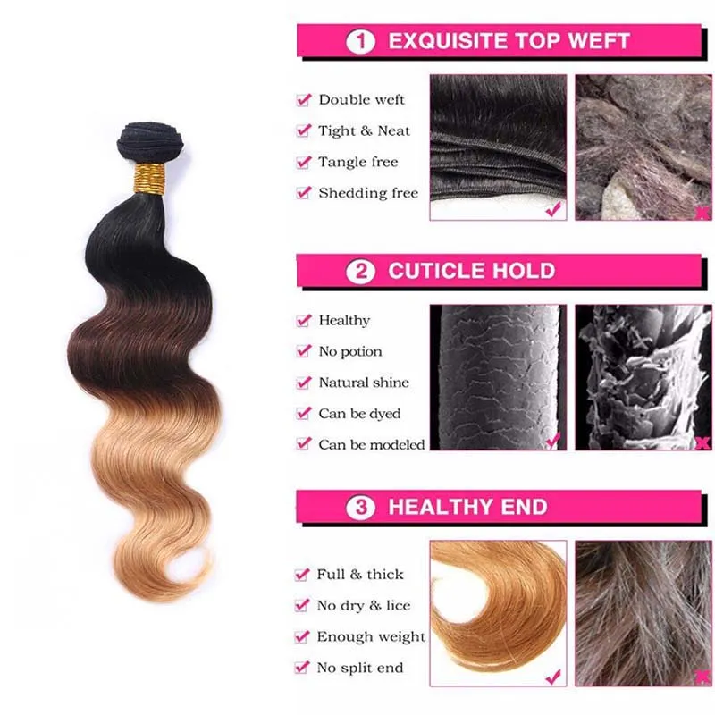 Ombre gekleurd haar 3 bundels Braziliaanse Peruaanse Maleisische Maagd Menselijk haar Weave Body Wave Ombre gekleurde bundels Haarleveranciers 123345845