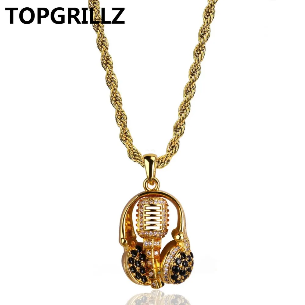 TOPGRILLZ Hip Hop nuevo estilo para auriculares masculinos collares con micrófono colgantes Micro pavé circón cúbico collar chapado en oro