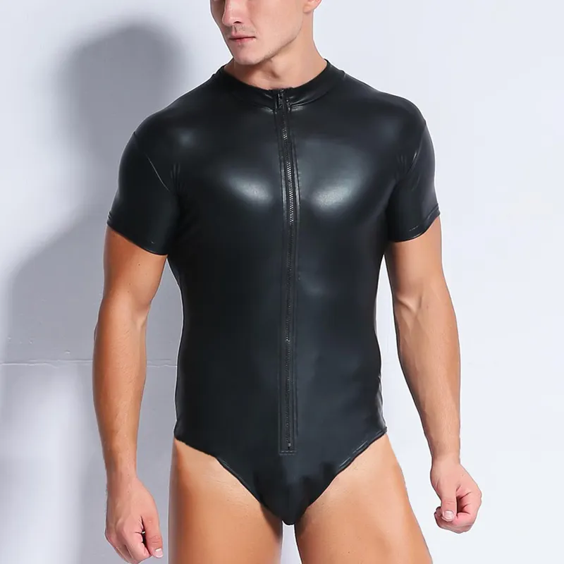 Sexy Faux Leather Men`s undershirt Lingerie Underwear Bodysuit Wrestling Singlet Siamese Boxers Exotic Gay Bright Short Jumpsuits Leotard Costume