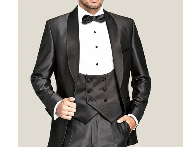 Personnaliser les garçons d'honneur châle revers marié smoking gris brillant hommes costumes mariage/bal/dîner meilleur homme blazer (veste + pantalon + cravate + gilet) K831