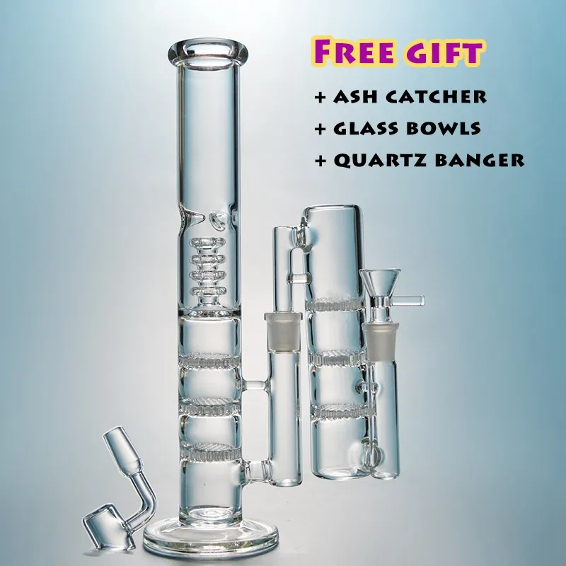 Straight Tube Hookahs Glass Water Bongs Triple Percolator Bong Beecomb Perc Pipes Birdcage Perc With Ash Catcher Dab Rigs 18mm Joint Oil Rig HR316