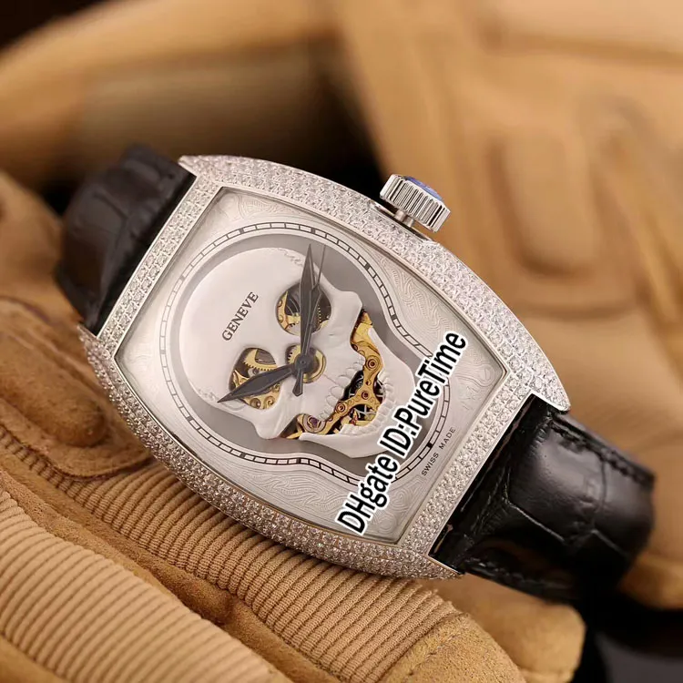 Collezioni Croco di alta qualità Teschio scheletro diamante lunetta tatuaggio argento quadrante automatico orologio da uomo orologi sportivi in pelle economici A71a1