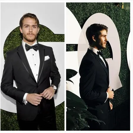 2019 élégant deux pièces noir mariage marié Tuxedos Slim Fited Peaked revers hommes bureau costume d'affaires pas cher (veste + pantalon)