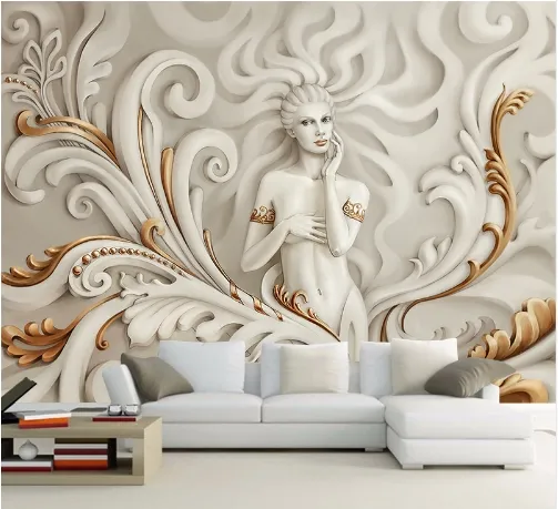 Aangepaste 3D Muurdocument Goddess van Mercy Gold Reliëf Wallpaper Sofa Woonkamer TV Achtergrond Muursticker