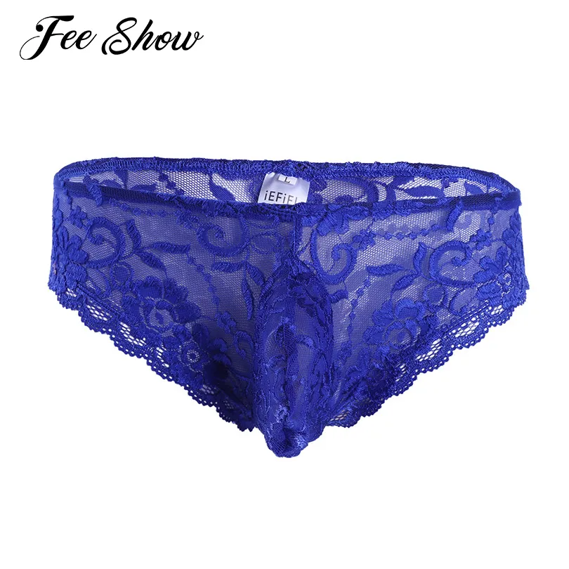 Gay Mens Lingerie Underwear Lace Floral Bulge Pouch Mesh Briefs Underwear Gay Men lingerie Semi-see Through Underpants