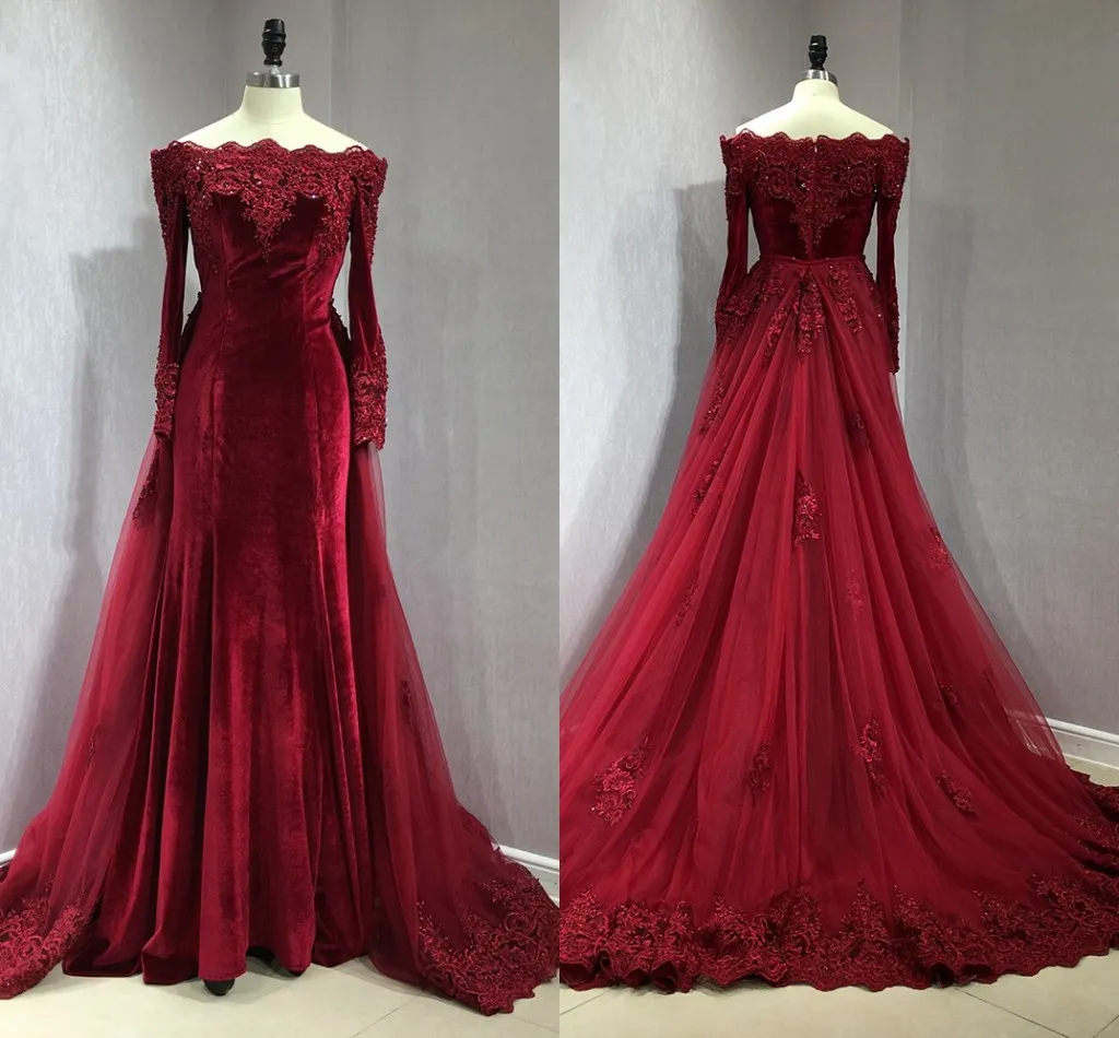 Burgundy Velvet Long Sleeve Evening Dresses Formal Dress With Detachable Train Off Shoulder Applique Beaded Sequins Mermaid Party Dress Prom