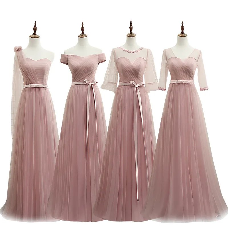 Skräddarsydda Dammiga Rosa Billiga Brudtärna Klänningar Lång Enkel Tulle Maide of Honor Dress With Sleeves China Online Wedding Guest Gowns 2020