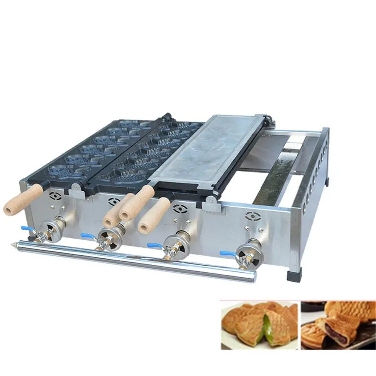 wholesale Qihang_top GPL Gas Forma di pesce Macchina Taiyaki Lavorazione degli alimenti Doppia piastra commerciale 12 pezzi Taiyaki Waffle Maker Machines