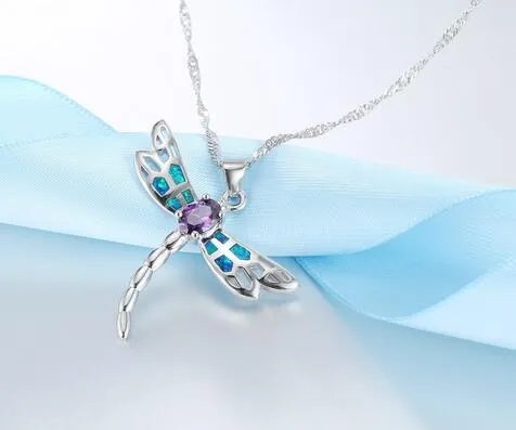 Nowe kobiety Dragonfly Design Naszyjnik 925 Srebrny Blue Fire Opal Naszyjnik