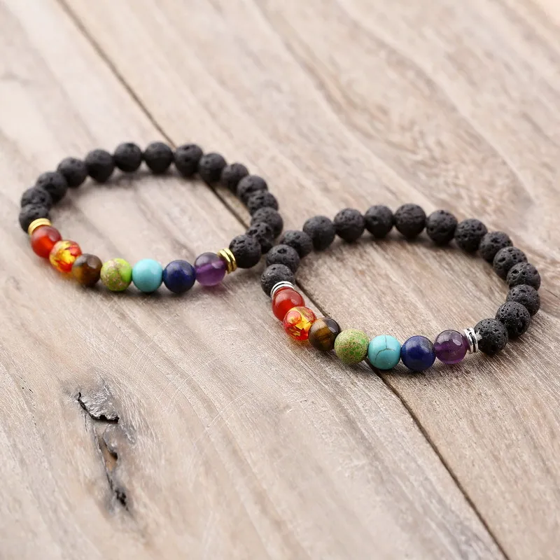 Bracciale Yoga in pietra lavica naturale 7 Chakra Bracciali di roccia vulcanica nera Braccialetto di perline di equilibrio curativo Braccialetto di perline di preghiera Reiki Buddha