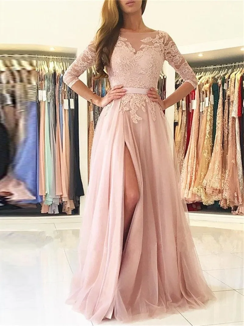 Vestidos de noite rosa blush com mangas 3/4 Apliques A-Line Apliques Tulle Split-Front Dress Vesti