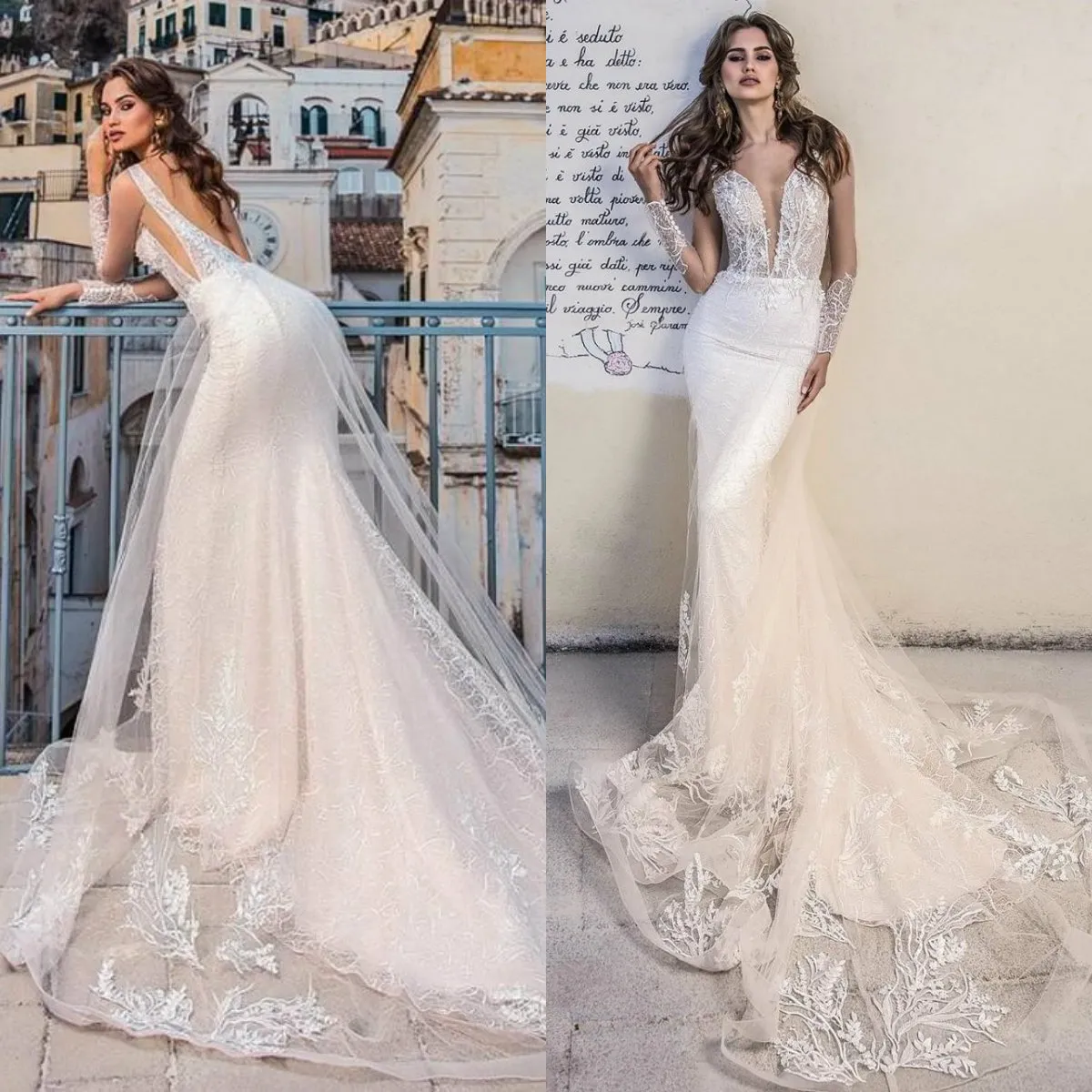 La Petra sirène robes de mariée nouveauté pure à manches longues dentelle Appliques robes de mariée balayage Train robes de mariée