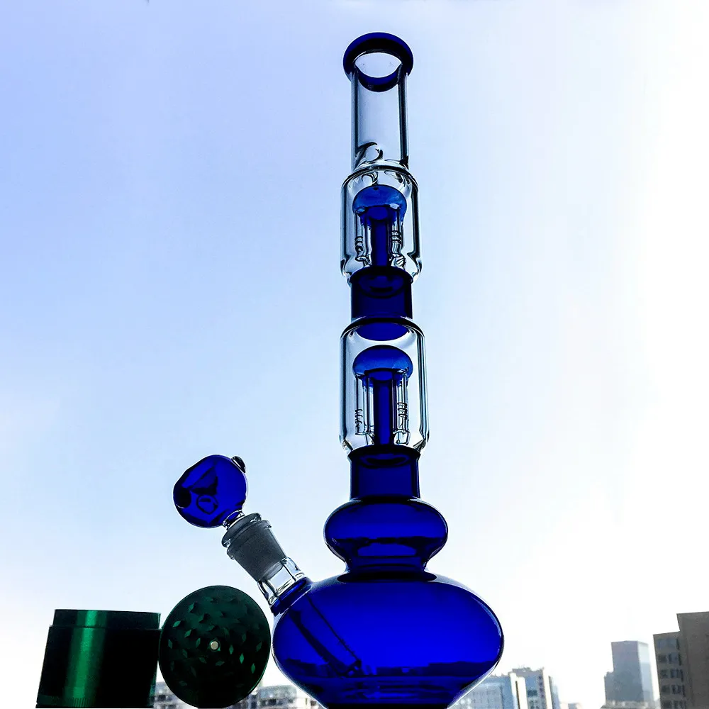 Glazen bongen Dubbellaags 4-armen Tree Perc Bong Staright Tube Water Pipe 16.5 inch Waterpipe Green DAB Oil Rigs GB1218