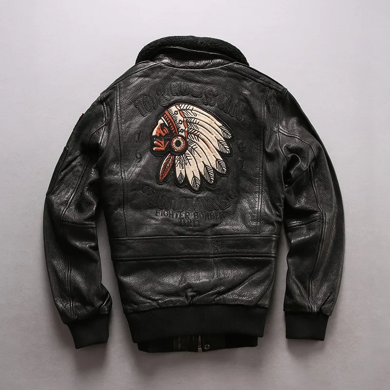 Indian head Embroidery genuine leather jackets Oil wax sheepskin leather jacket for men motorcycle Jackets