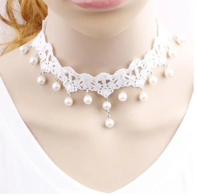 Pearl White Lace Necklace, bridal gown necklace, fake collar collar chain