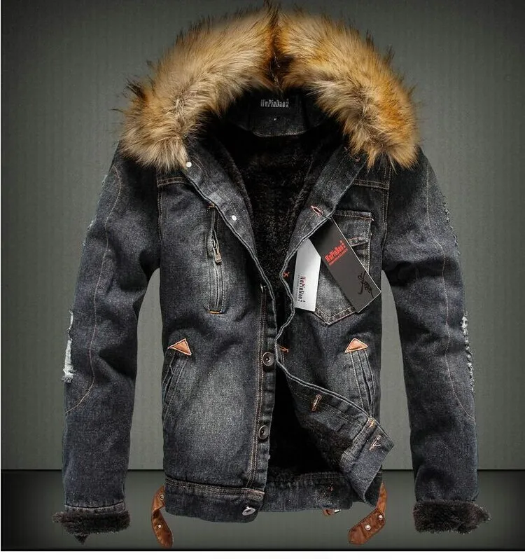 Men's Jackets Designer Jackets Vintage Ripped Black Blue Denim Cowboy Shirts Male Female Winter Jacket Casual Fur Collar Coat