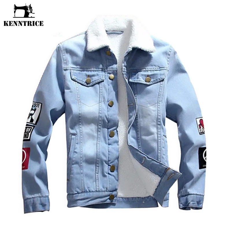 Mens light blue denim jacket with deals fur collar
