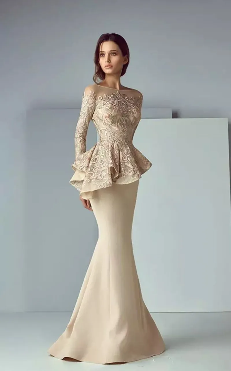 Laço de champanhe Mancha Peplum Longo Vestidos Formais Desgaste 2018 Sheer Neck Manga Comprida Dubai Árabe Sereia Vestido de Baile