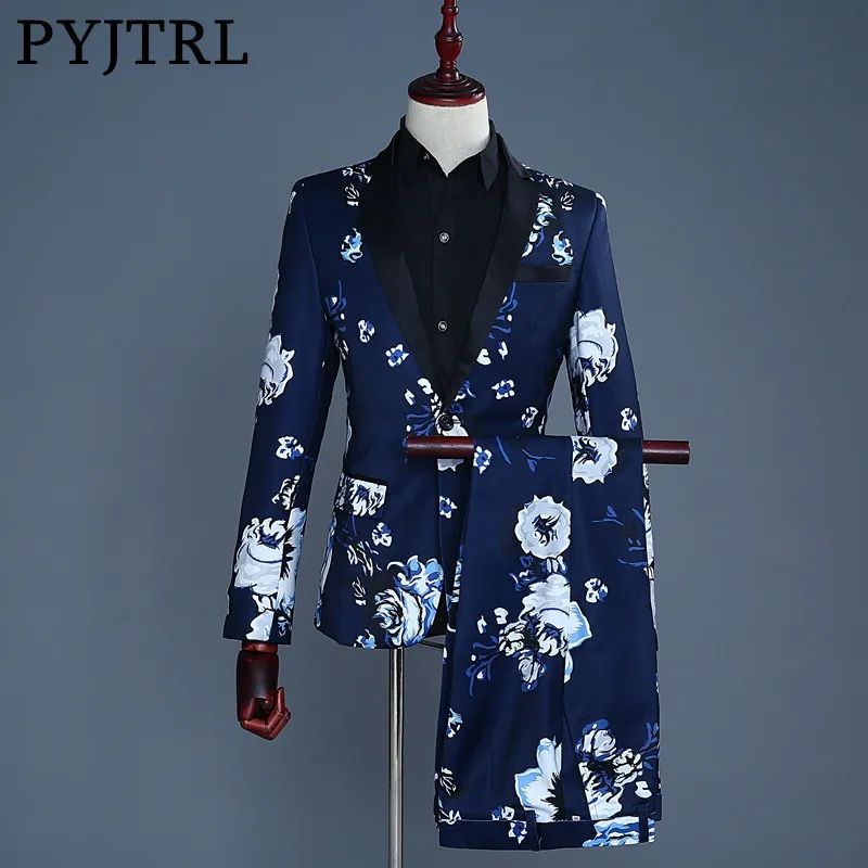 PYJTRL 2018 Navy Blue Floral Print Mens Casual Suit Latest S13 Coat Pant Design For Weddings Groomsmen And Stage Performances From Cactuse 50.2 DHgate.Com