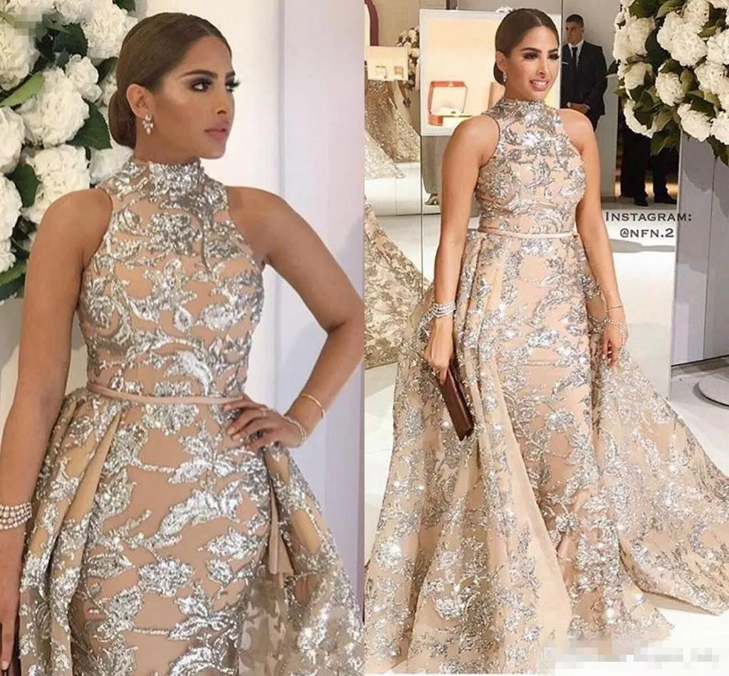 2019 New High Neck Prom Dresses Sleeveless Gold Appliqued with Detachable Train Pageant Gown Formal Evening Dress Plus Size