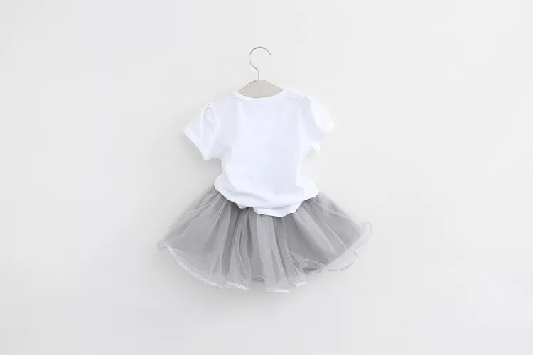 kids girls fashion summer short sleeve cartoon T-shirt +gauze skirt baby princess dress /sets top quality