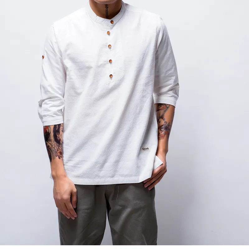 86 nova moda t-shirt mens coon linho camiseta três trimestral manga sólida v pescoço magro encaixa estilo chinês casual tops