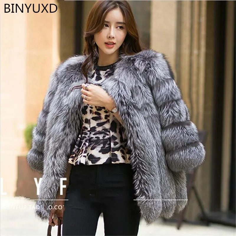 Binyuxd Hot Sale Ny Design Höst Vinterrock Varm Ny Silver Fox Fur Coat OuterWear Womens Fashion Fur Plus Storlek S-4XL