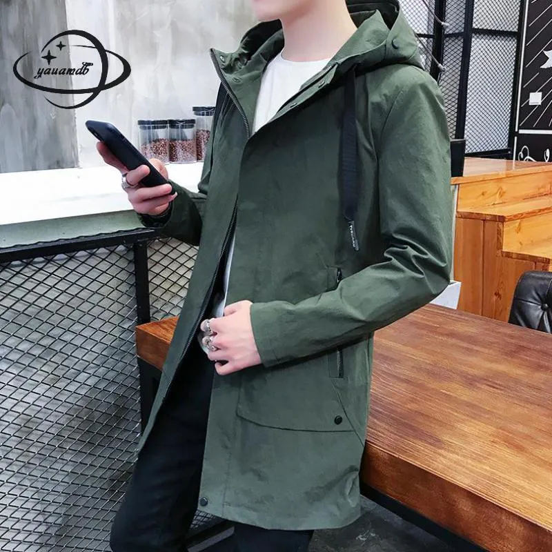 YAUAMDB men trench coat 2018 spring autumn size M-4XL male hooded jacket overcoat clothing man long windbreaker clothes y141