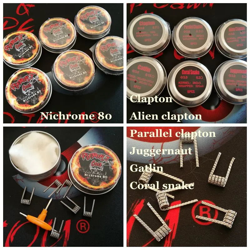 6 Styles Clapton Alien Parallel Clapton Juggernaut Gatlin Coral Snake Ni80 Förbyggd spole Nichrome 80 Wire Pre-byggda spolar Premad Wrap-ledningar