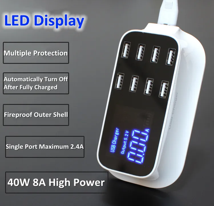 Ekran wyświetlacza LED 8 portów inteligentna ładowarka USB Hub Stacja ładowarka 40W 8A Wiele USB Szybka zasilanie zasilania dla smartfonki 3024228