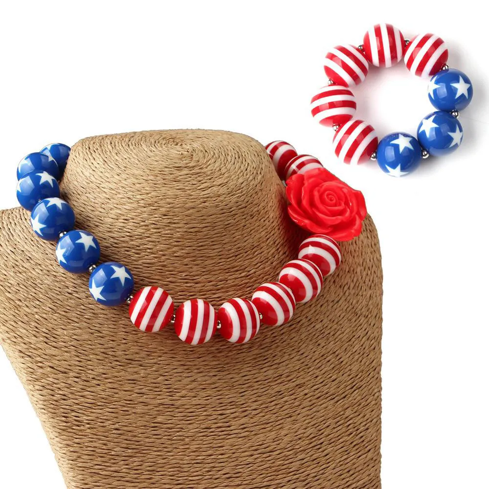 Halsband Armband Set Kids American Flag Style Chunky Bubblegum 2pcs Barnflicka Chunky Beads Smycken Set