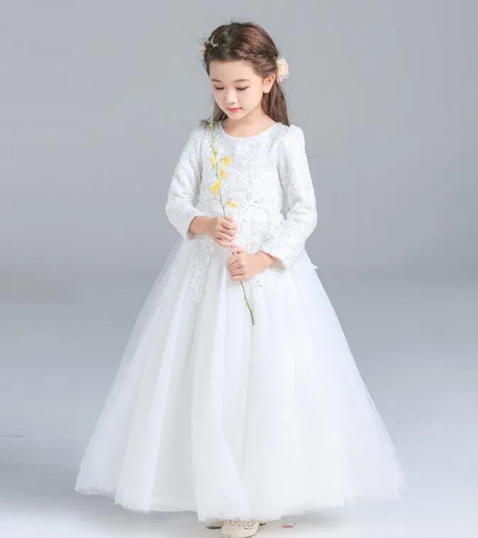 High Quality White Princess Dresses Girls Red Lace Gowns Wedding Flower Girl Skirt A Long Sleeved Dresses For The Ball HY084