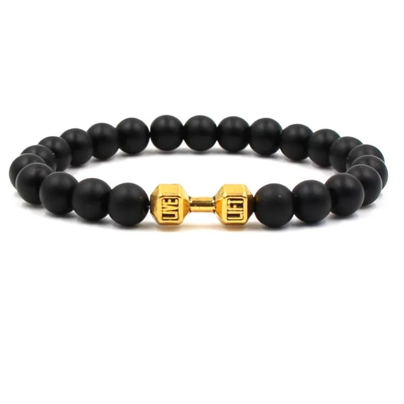 Nieuwe 8mm Lava Rock Dumbbell Frosted Armbanden Goud Zilver Zwart Bangles voor Dames Mannen Gift