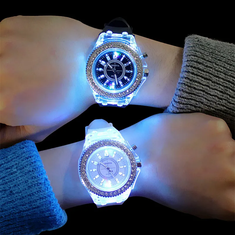 Luminous Diamond Watch USA Mode Trend Mannen Vrouw Horloges Minnaar Kleur LED Jelly Silicone Genève Transparant Student Horloge Paar Gift