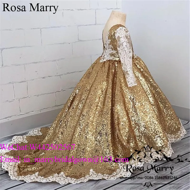 Gold Sequined Ball Gown Girls Pageant Dresses 2020 Vintage Lace Long Sleeves Plus Size Cheap Toddlers Kids Cupcake Pageant Dresses for Teens