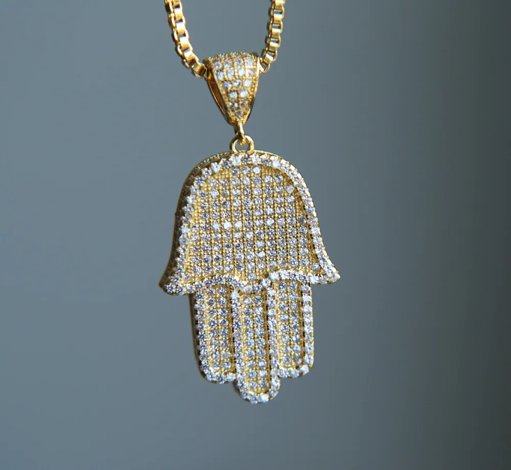 Kvalitet Hip Hop Bling Box Chain 24Inch Kvinnor Män Par Gold Silver Color Iced Out Hamsa Handhänge Halsband med CZ