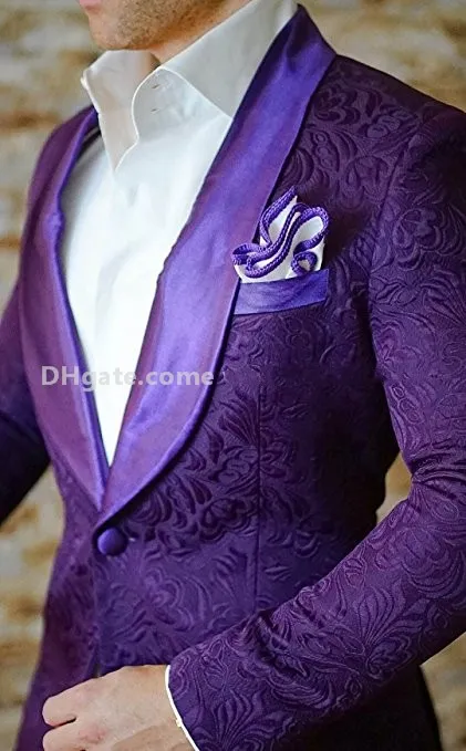 Custom Made Shawl Lapel Purple Paisley Groom Tuxedos Men Party Groomsmen Garnitury Męskie Garnitury Biznesowe (Kurtka + Spodnie + Krawat + Paski) No: 15
