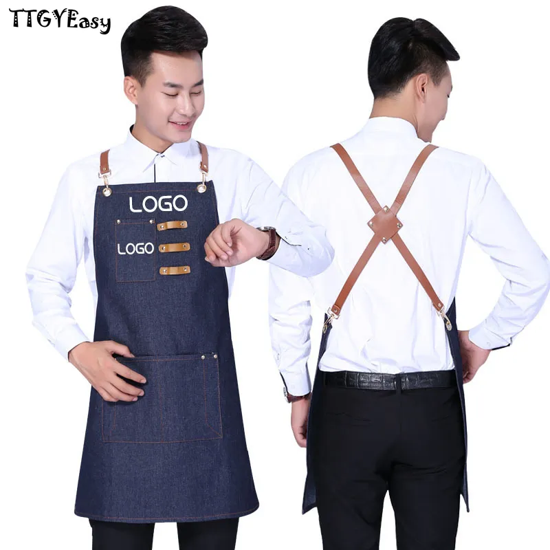 Ny denim Cowboy Apron BBQ Senior Jeans Baking Bibb Läderband Kök Förkläde för kvinnor Män Matlagning Servitris Anpassad tryck