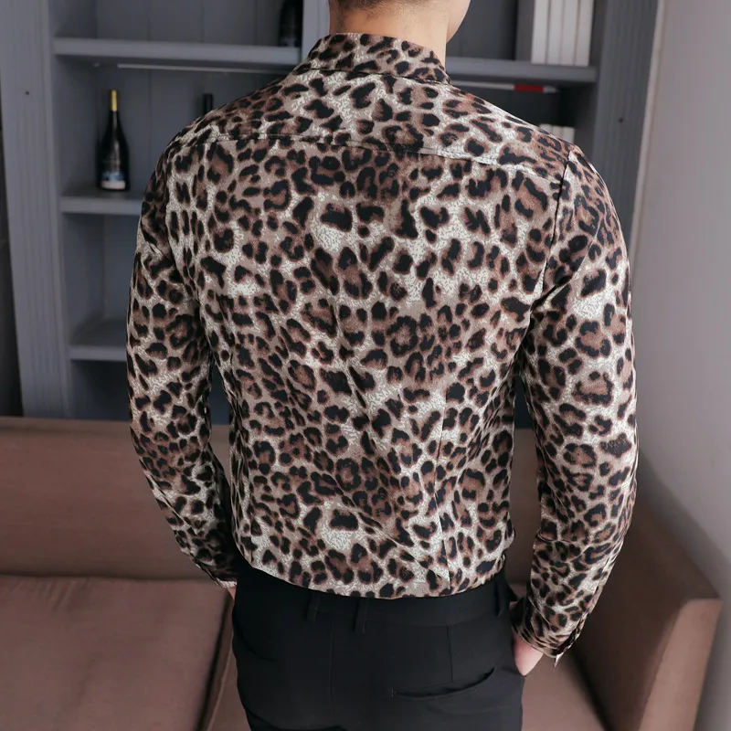 High Quality Men Shirt Brand New Slim Fit Casual Leopard Print Social Shirts Dress Long Sleeve Plus Size Night Club Prom Tuxedo1272u